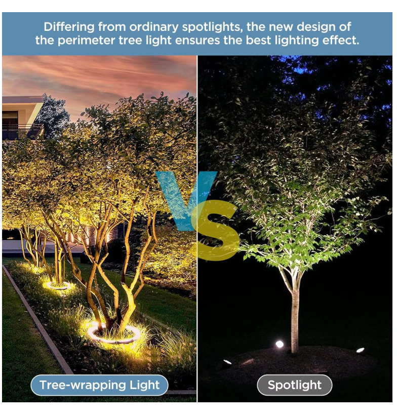 Tree wrapping LED light compared with ordinary spotlights