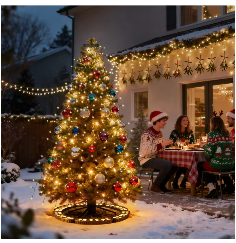 TreeGlow ring lighting beneath an outdoor Christmas tree