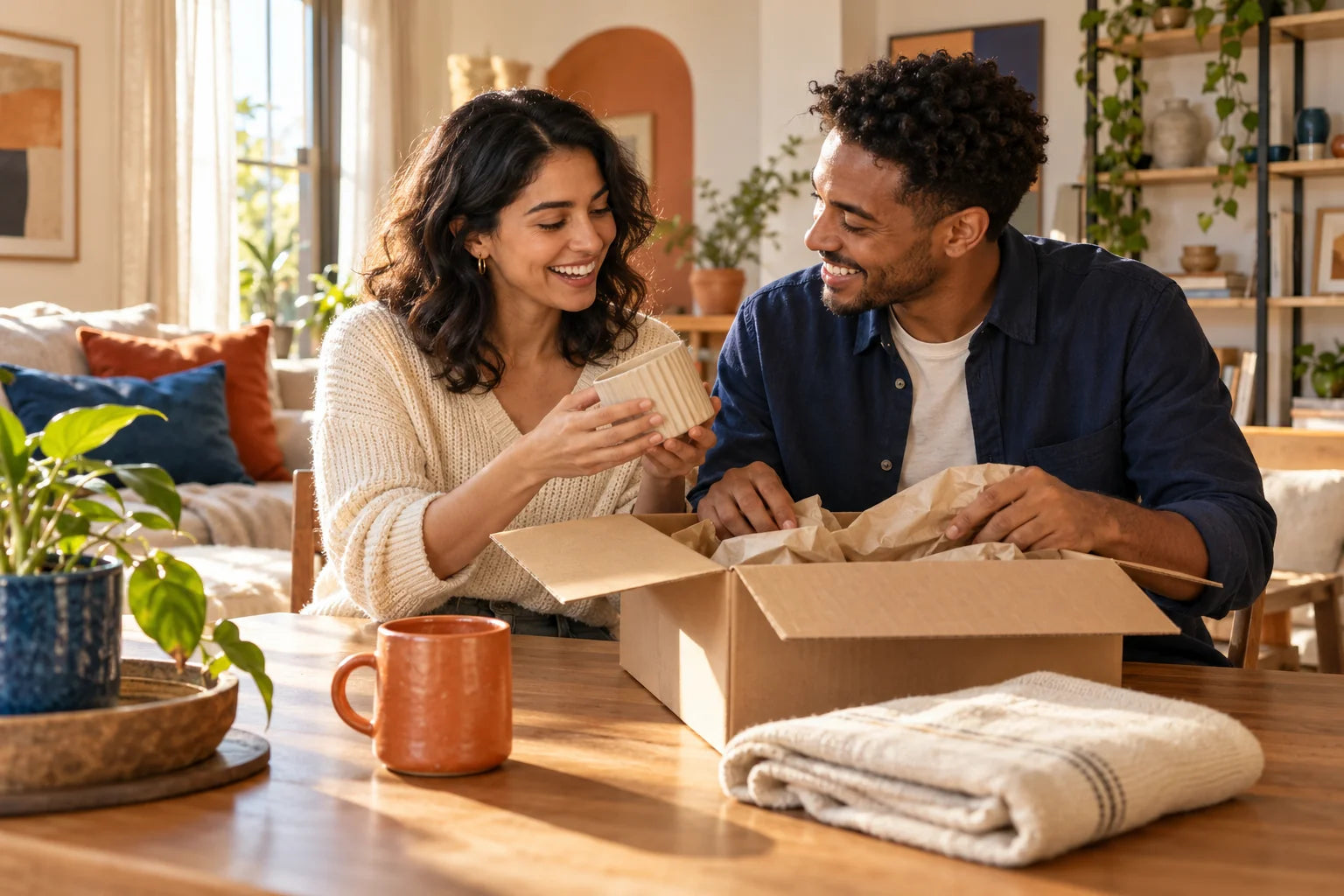 AI lifestyle scene of two adults enjoying an unboxing at home.