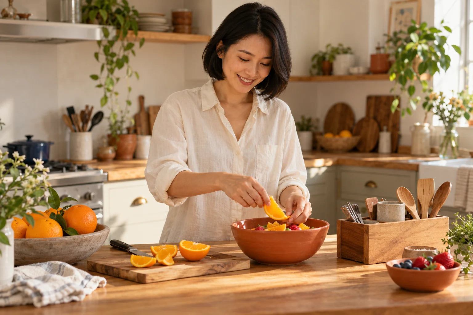 AI lifestyle scene of a woman preparing fruit in a sunlit kitchen.