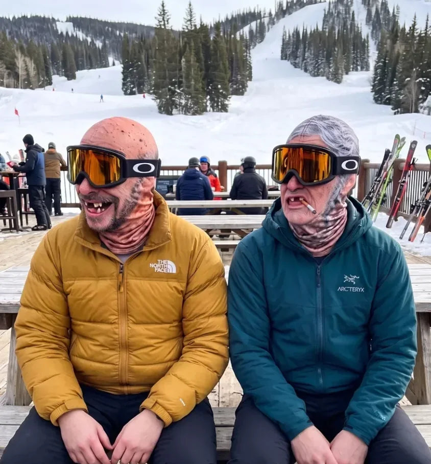 Two skiers wearing realistic old face balaclavas and goggles