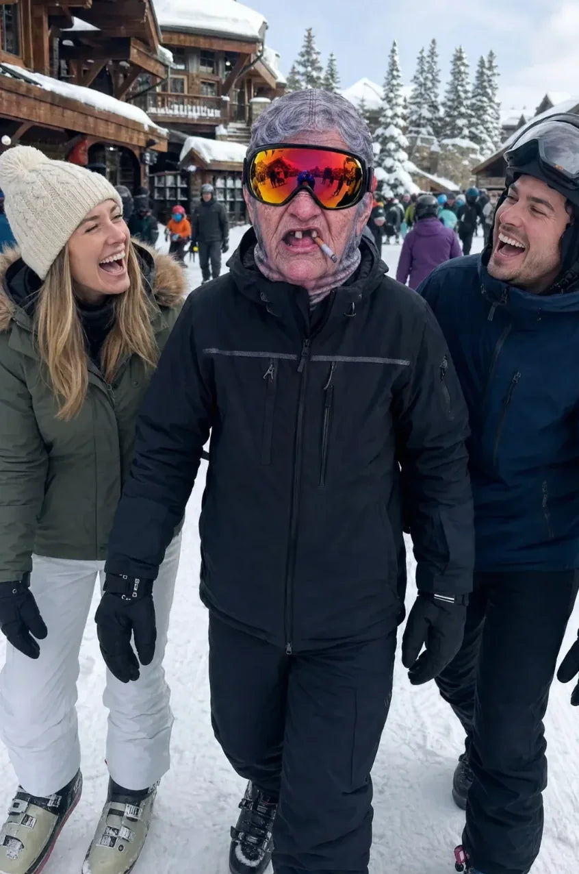 Friends laughing at AgeSwap realistic old man ski mask