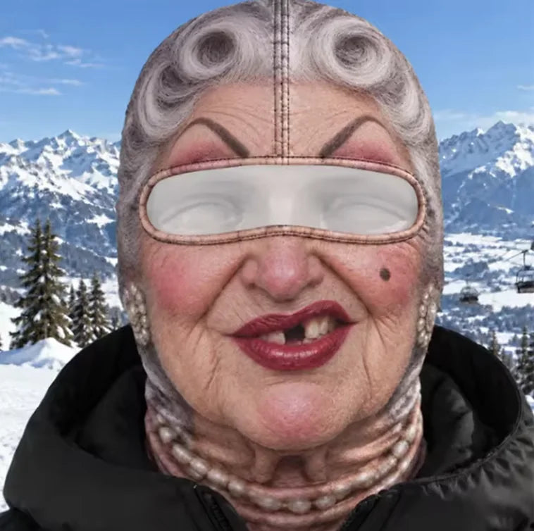 Realistic elderly woman face ski mask design