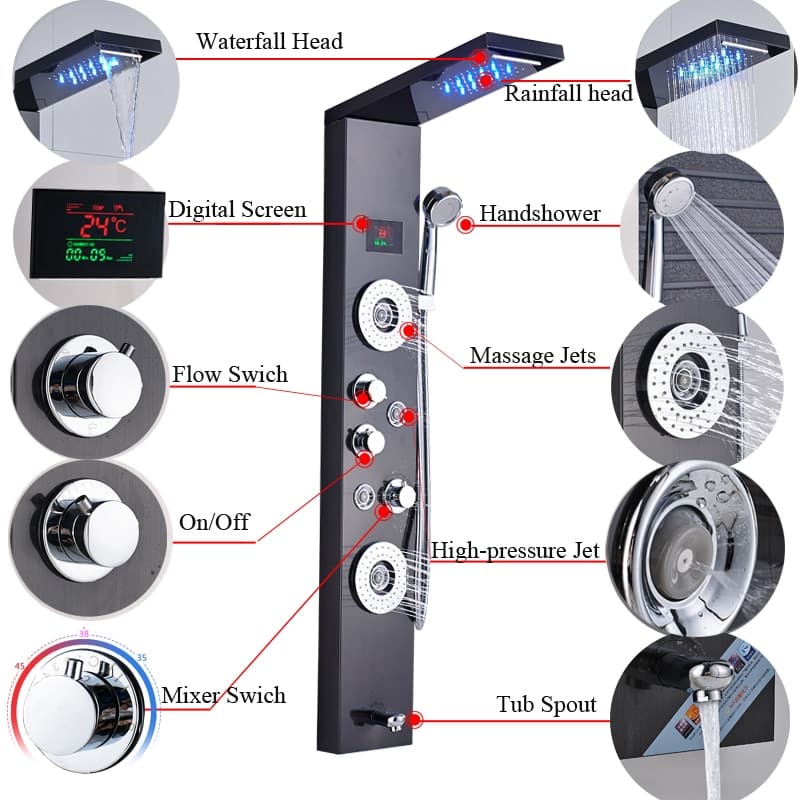 Rainfall Shower ™ - Luxurious 6-Stage LED Shower Panel with Massage Jets and Temperature Screen - Cartnoova