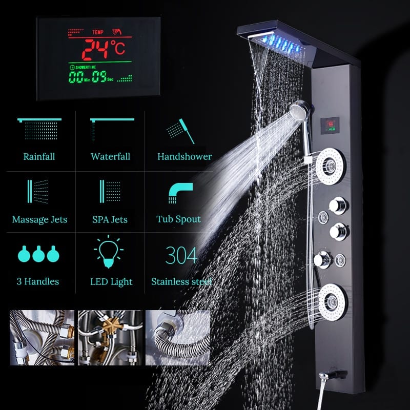 Rainfall Shower ™ - Luxurious 6-Stage LED Shower Panel with Massage Jets and Temperature Screen - Cartnoova